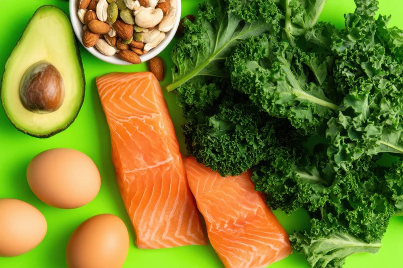 Fresh salmon fillets, kale, avocado, eggs and mixed nuts arranged on a bright green surface