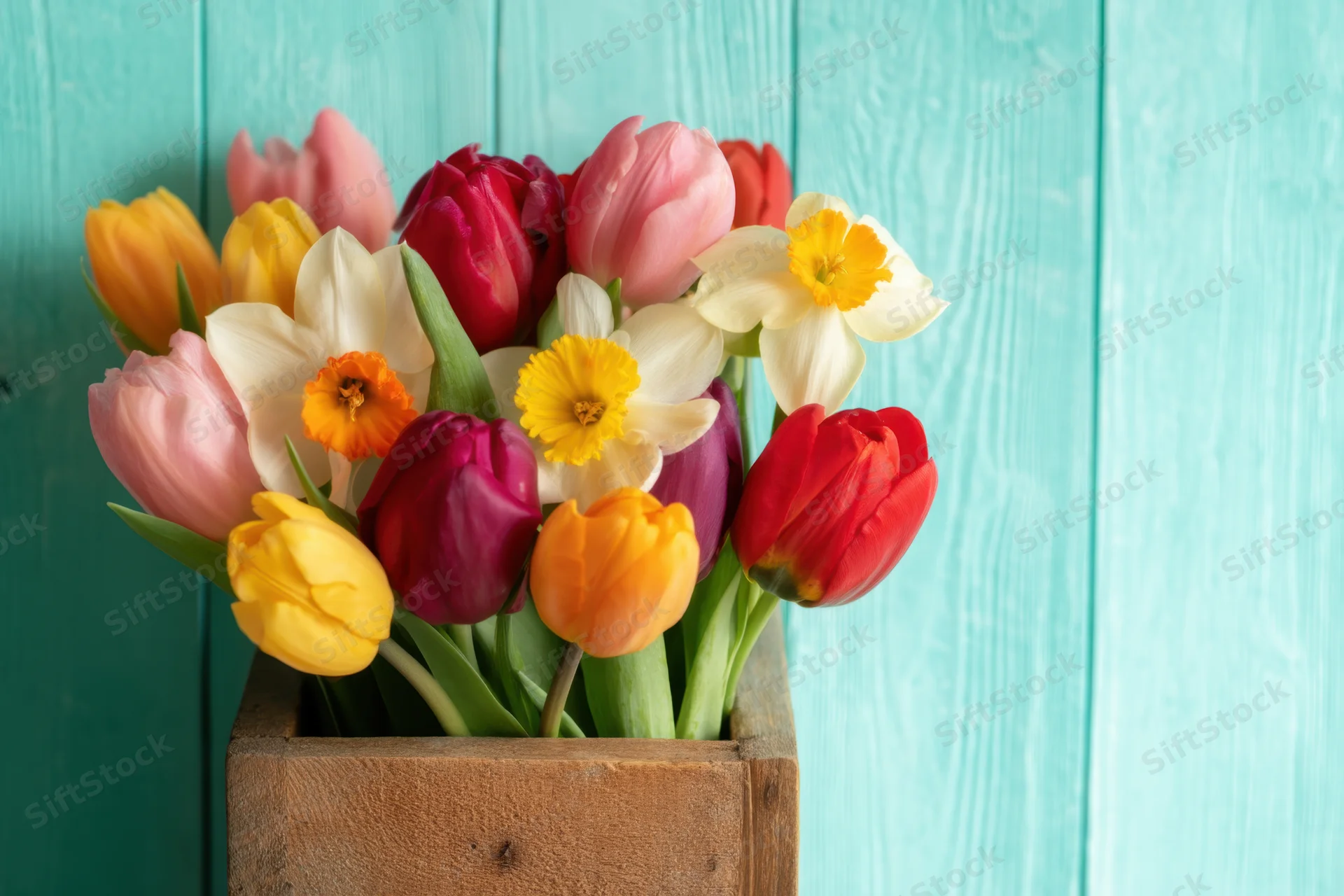 Vibrant bouquet of tulips and daffodils in a wooden box against a teal wooden background