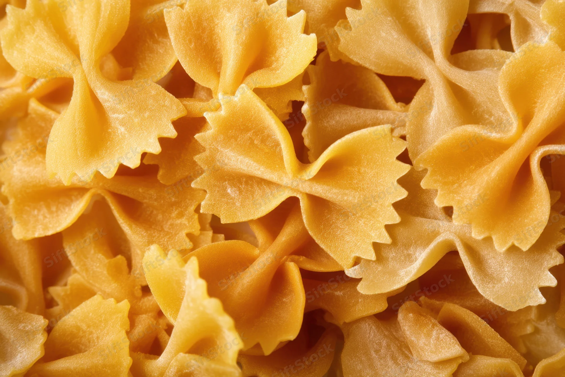 Uncooked farfalle pasta arranged in a dense closeup view showing detailed texture and shape