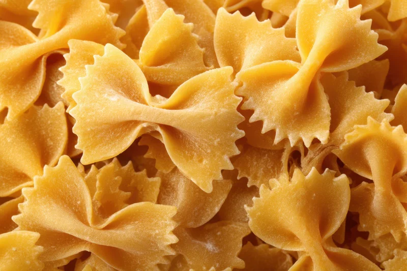 Uncooked farfalle pasta piled closely in a macro view showing textured yellow bowtie shapes