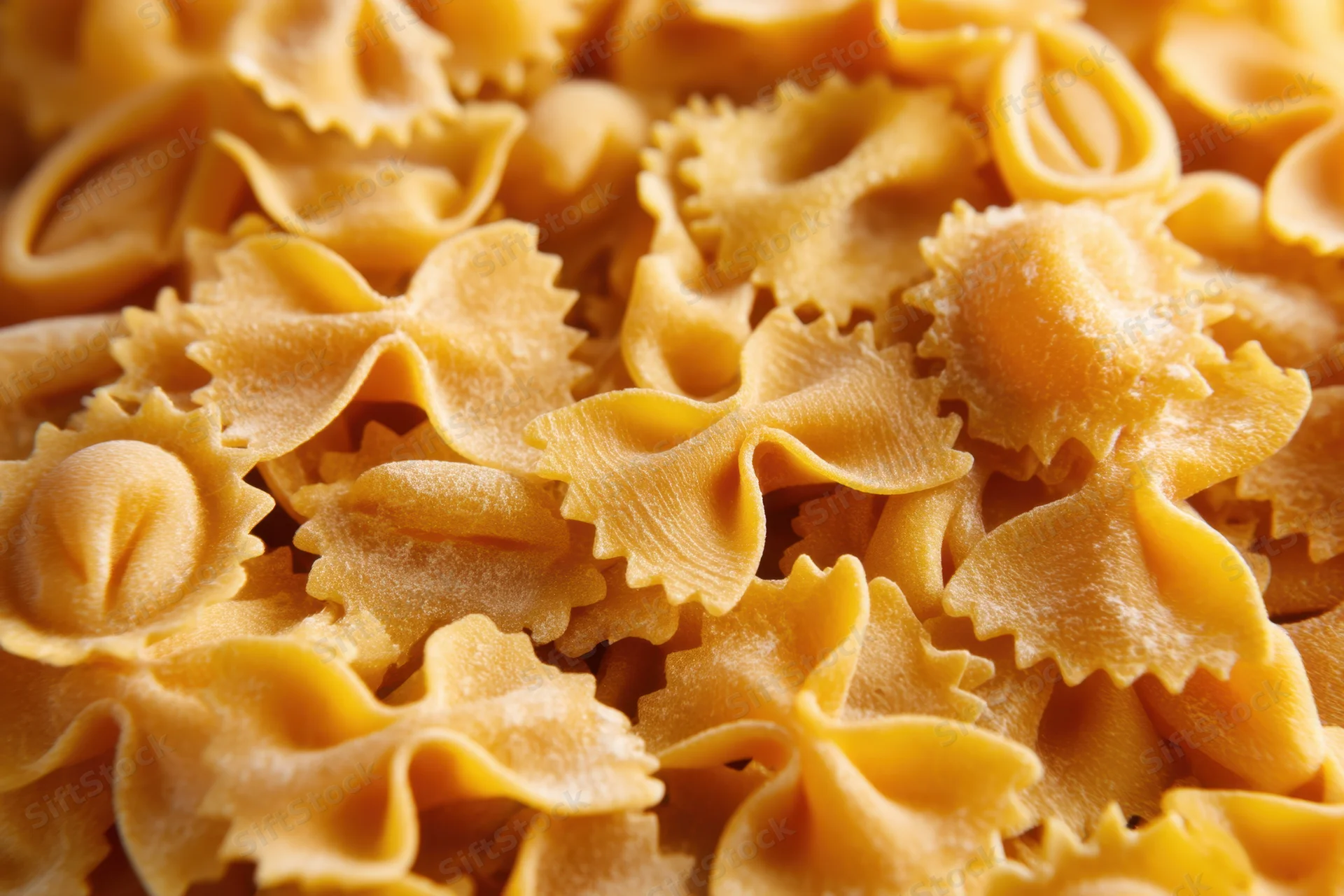 Uncooked farfalle pasta piled closely together in a macro view