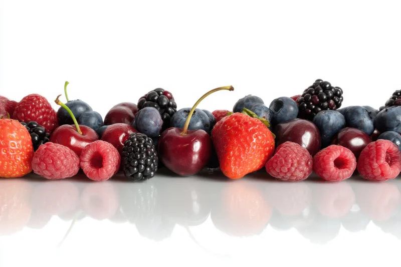 A row of fresh berries including strawberries, raspberries, blackberries, blueberries and cherries arranged on a reflective white surface
