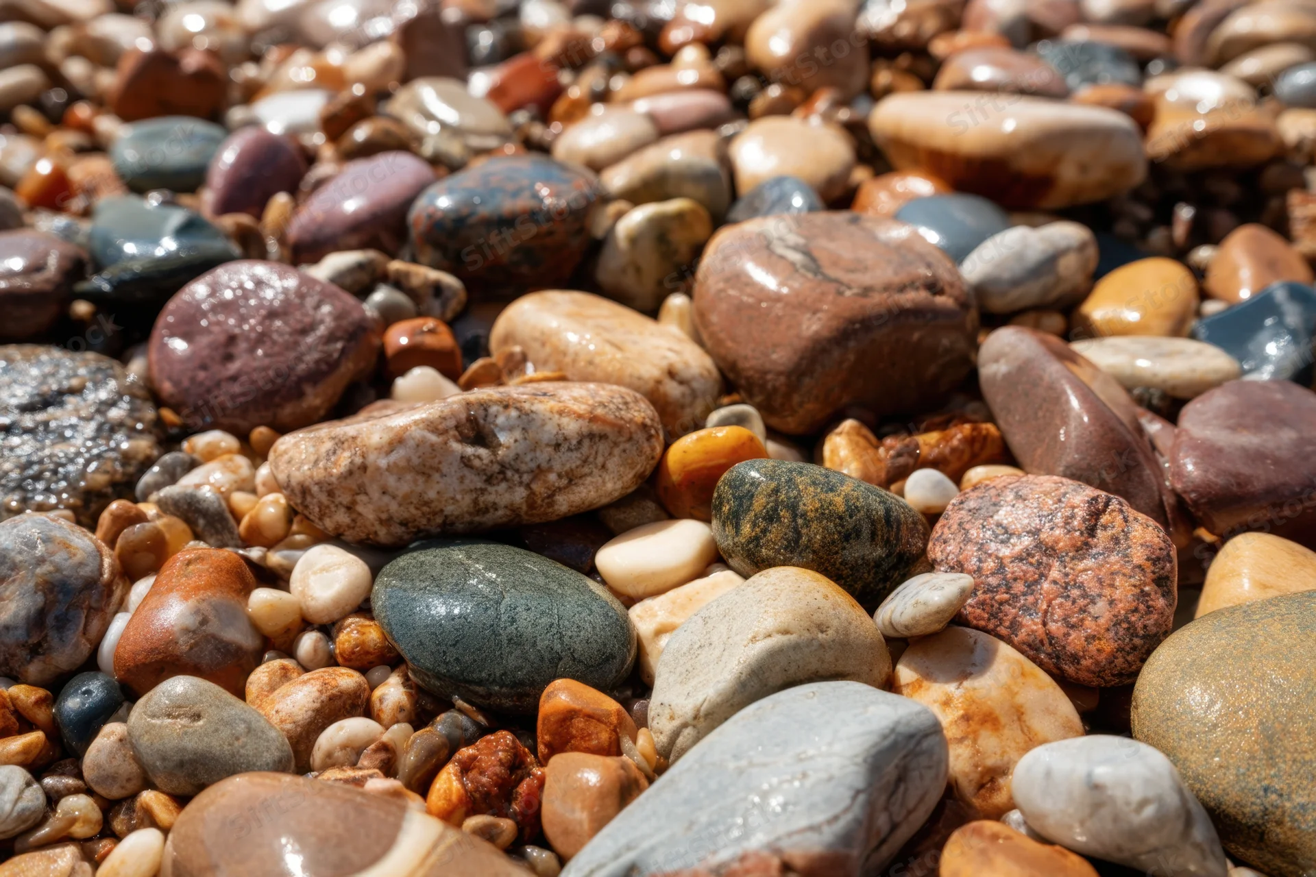 Polished pebbles and stones scattered across a sunlit beach surface