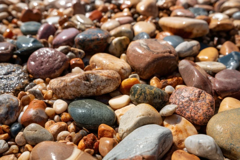 Polished pebbles and stones scattered across a sunlit beach surface