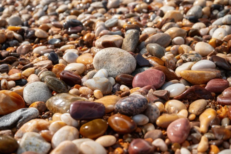 Polished pebbles and stones scattered across a beach surface in natural light