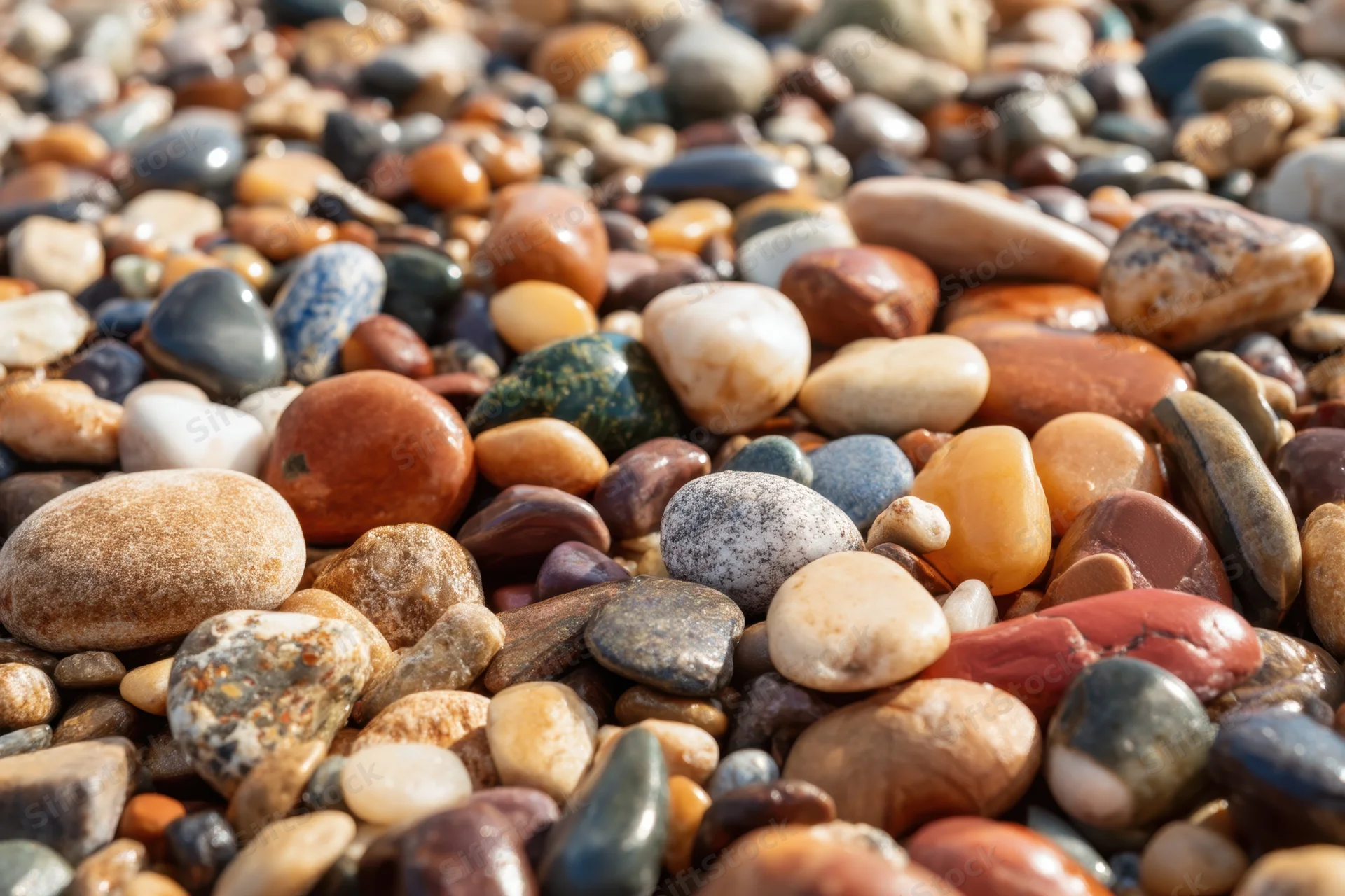 Polished pebbles and stones scattered across a natural surface in daylight