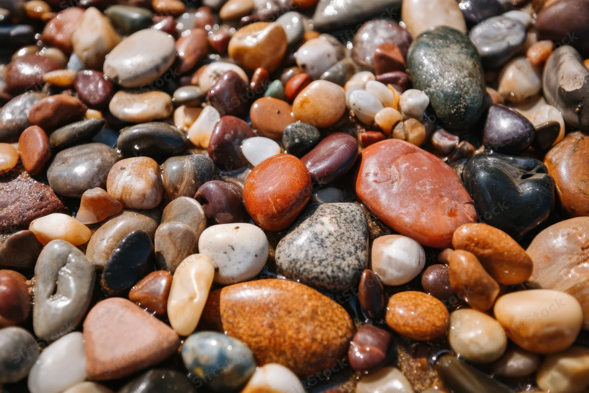 Polished pebbles and stones scattered on a wet surface in natural light