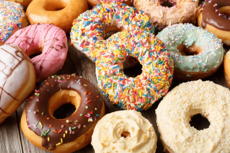 Colorful donuts with various frostings and sprinkles arranged on a wooden surface
