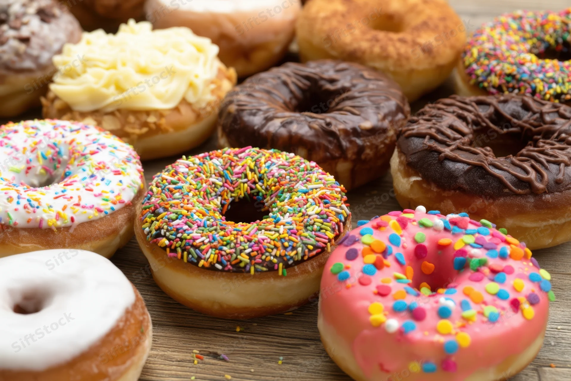 Colorful donuts with various frostings and sprinkles arranged on a wooden surface