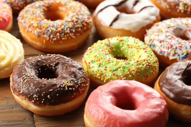 Colorful donuts with various frostings and sprinkles arranged on a wooden surface