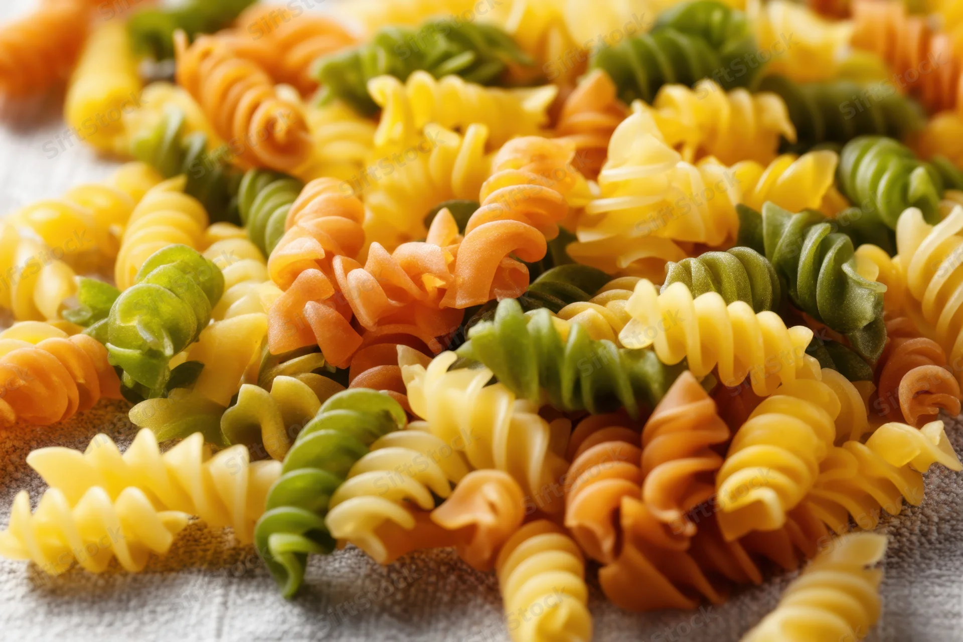 Colorful uncooked fusilli pasta scattered on a textured cloth surface