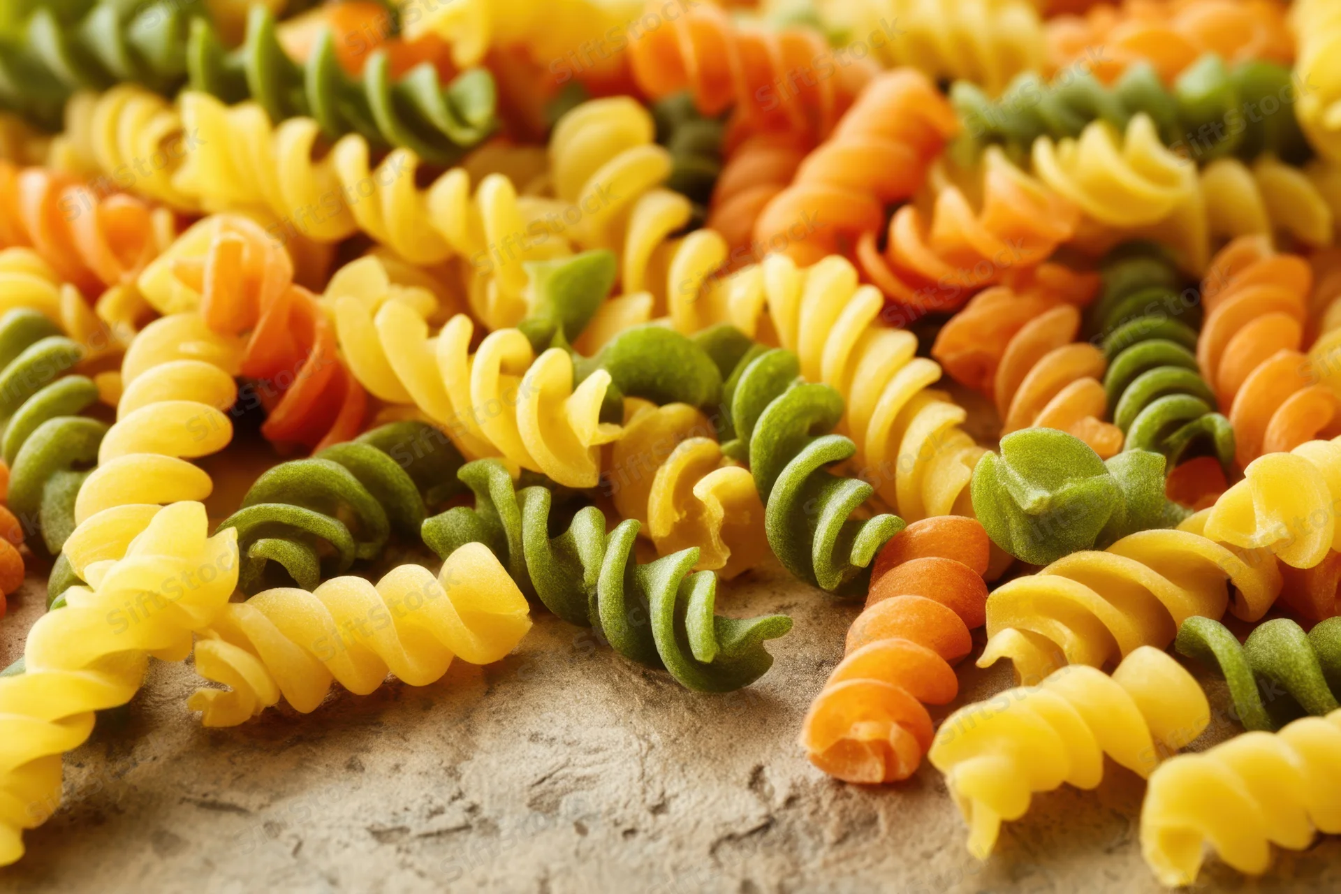 Colorful fusilli pasta scattered on a textured surface