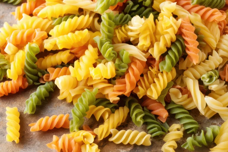 Colorful fusilli pasta scattered on a textured surface in closeup view