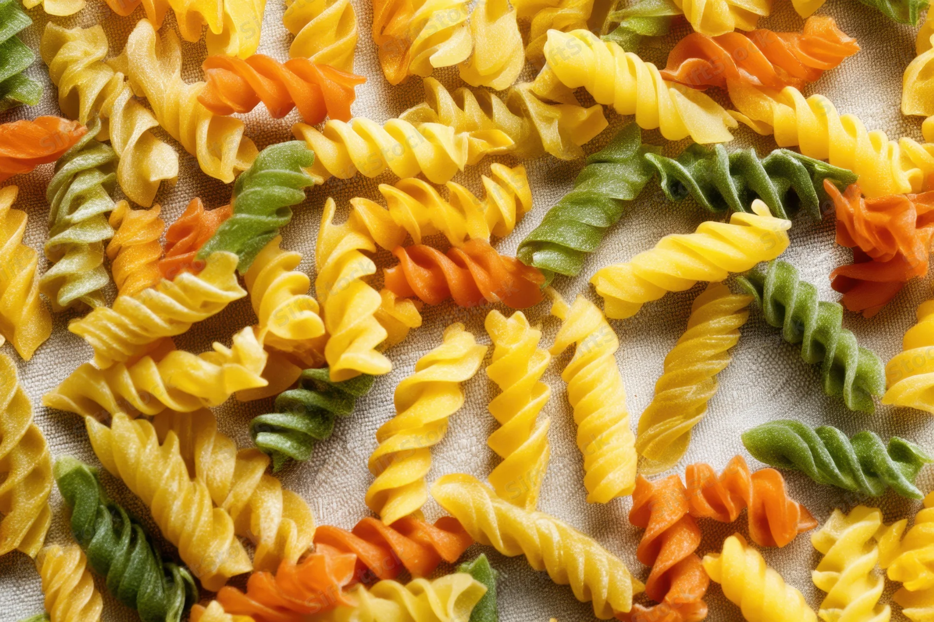 Uncooked tri-color fusilli pasta scattered on a textured fabric surface