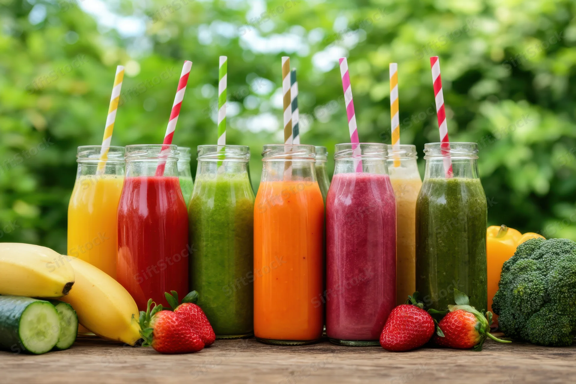 Colorful smoothies in glass bottles with straws arranged on wooden table outdoors with fresh fruits and vegetables around