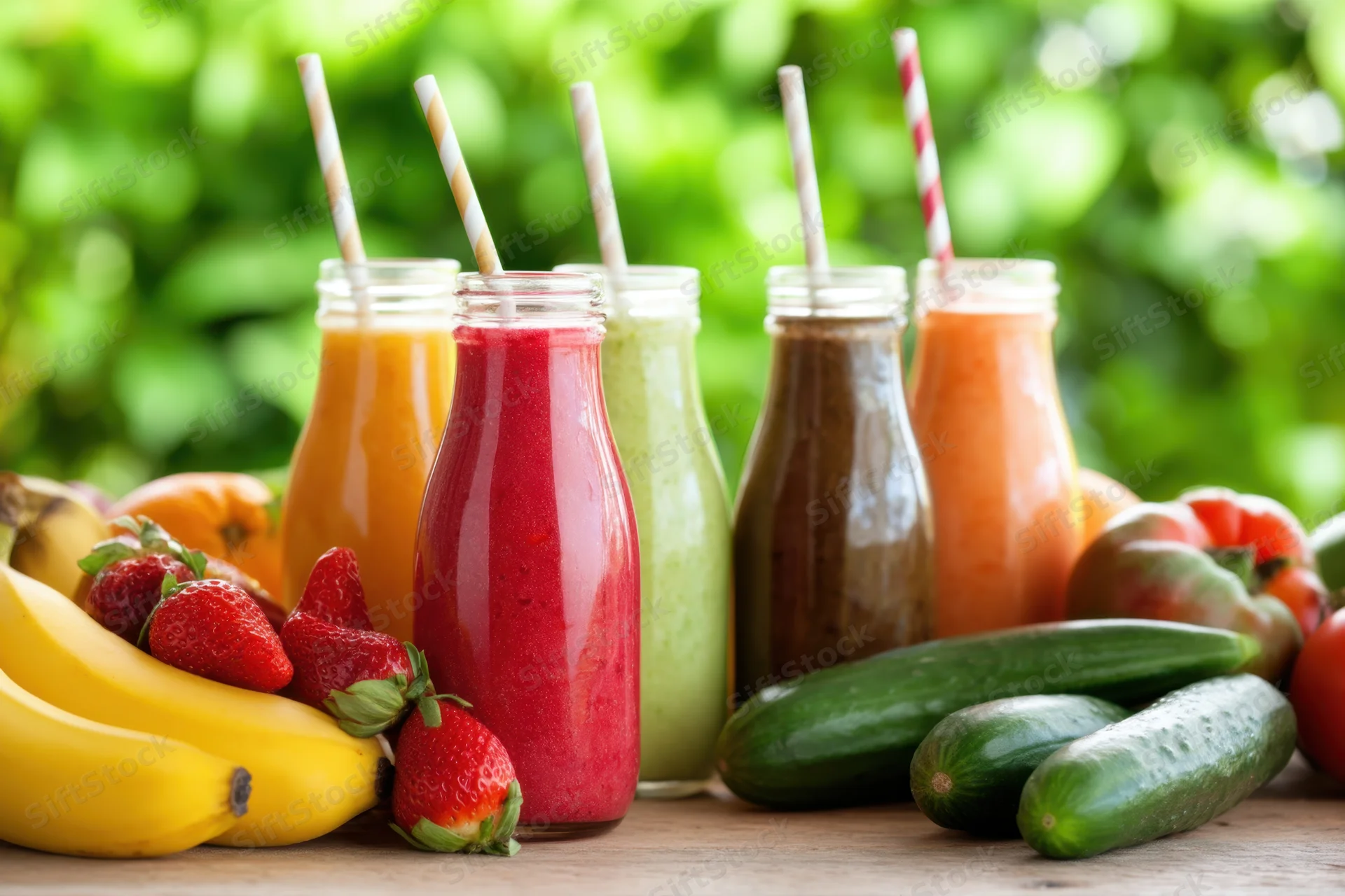 Colorful smoothies in glass bottles arranged on a wooden table with fresh fruits and vegetables outdoors