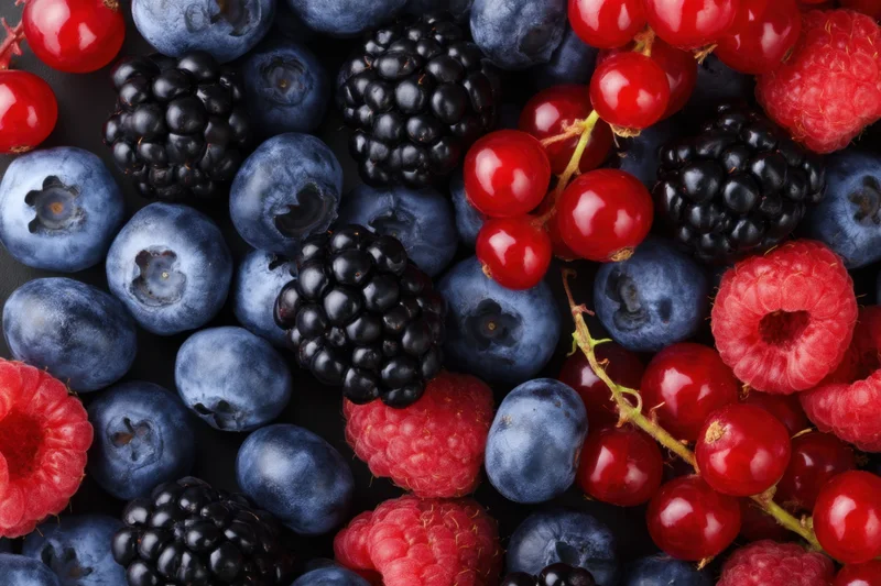 Close-up of fresh blueberries, blackberries, raspberries and redcurrants arranged together on dark surface