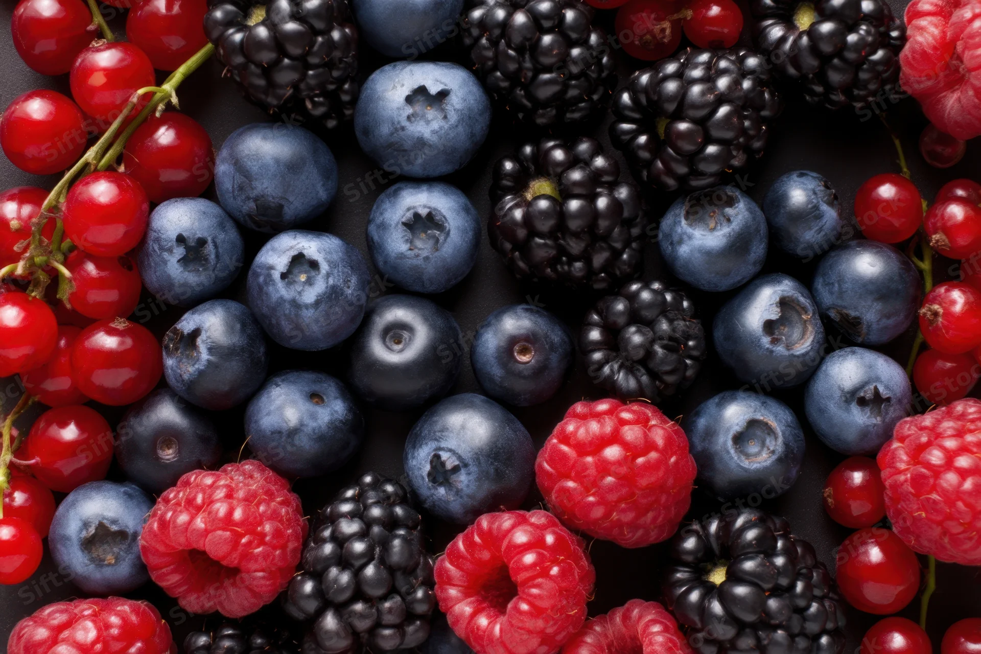 Vibrant assortment of fresh berries including blueberries, blackberries, raspberries, and redcurrants arranged in a flat lay on dark surface