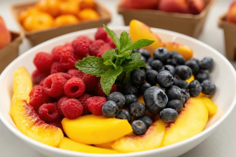 A white bowl filled with raspberries, blueberries, peach slices and mint leaves arranged on a table
