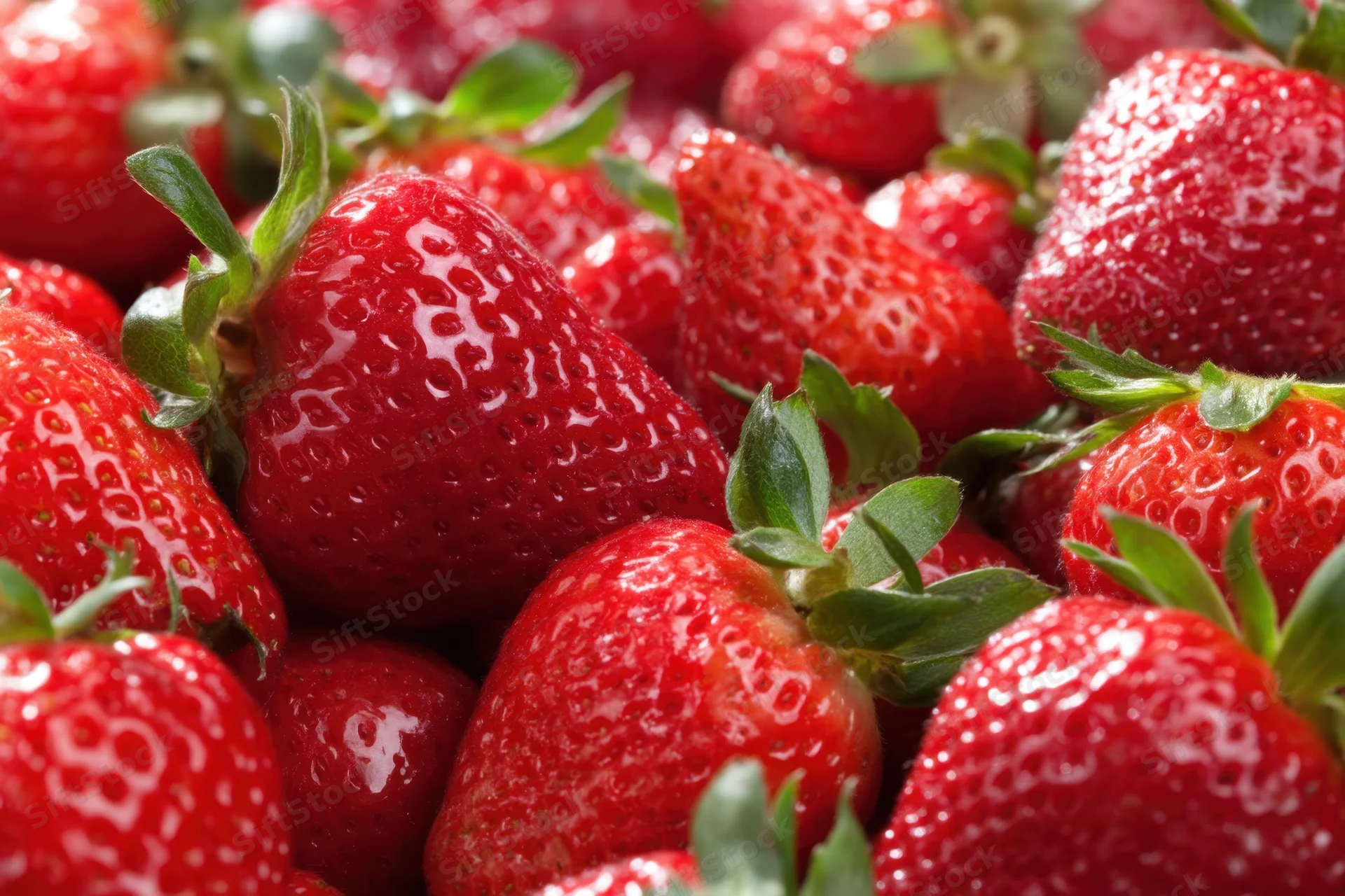 Fresh red strawberries piled together in a close-up view