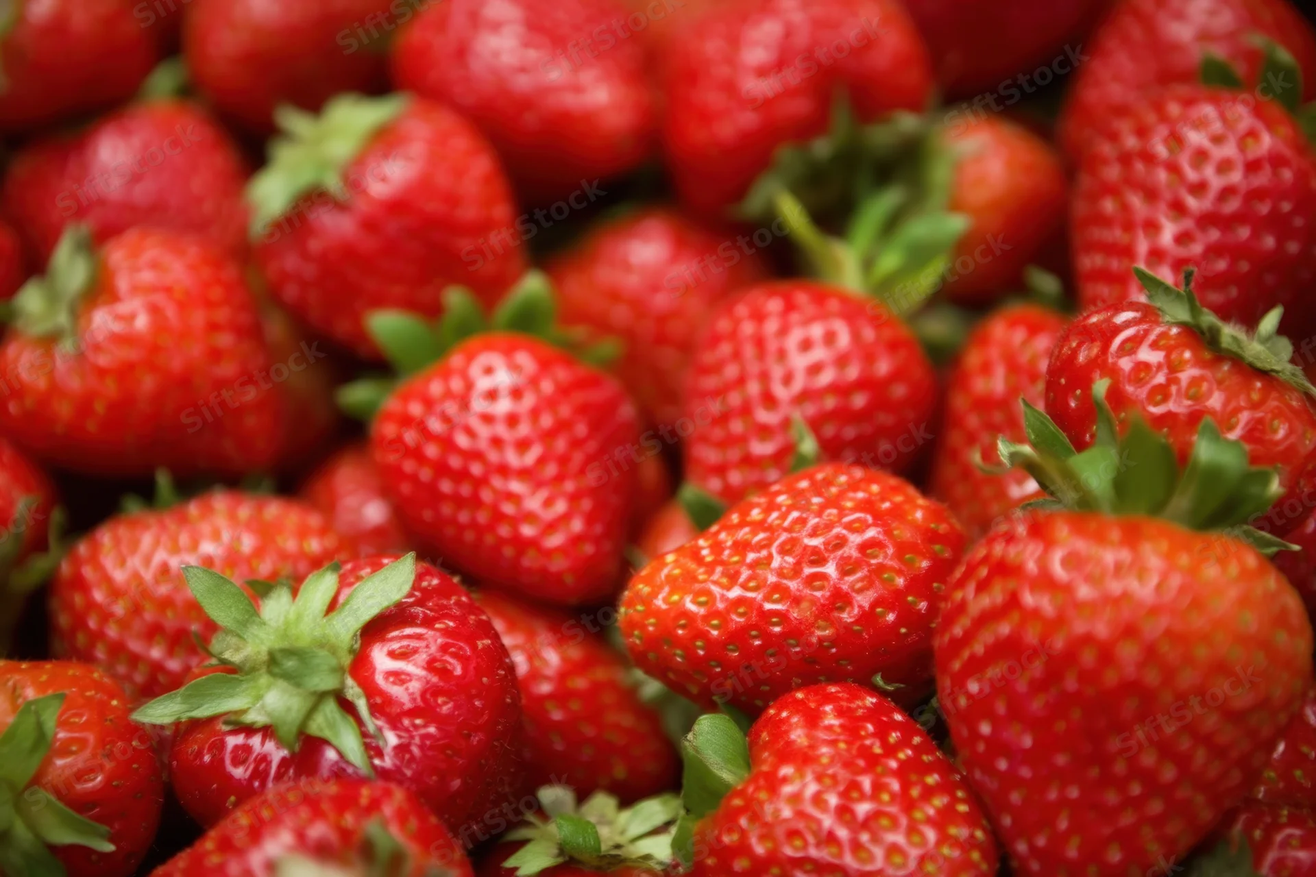 Closeup of fresh red strawberries with green stems arranged in a pile
