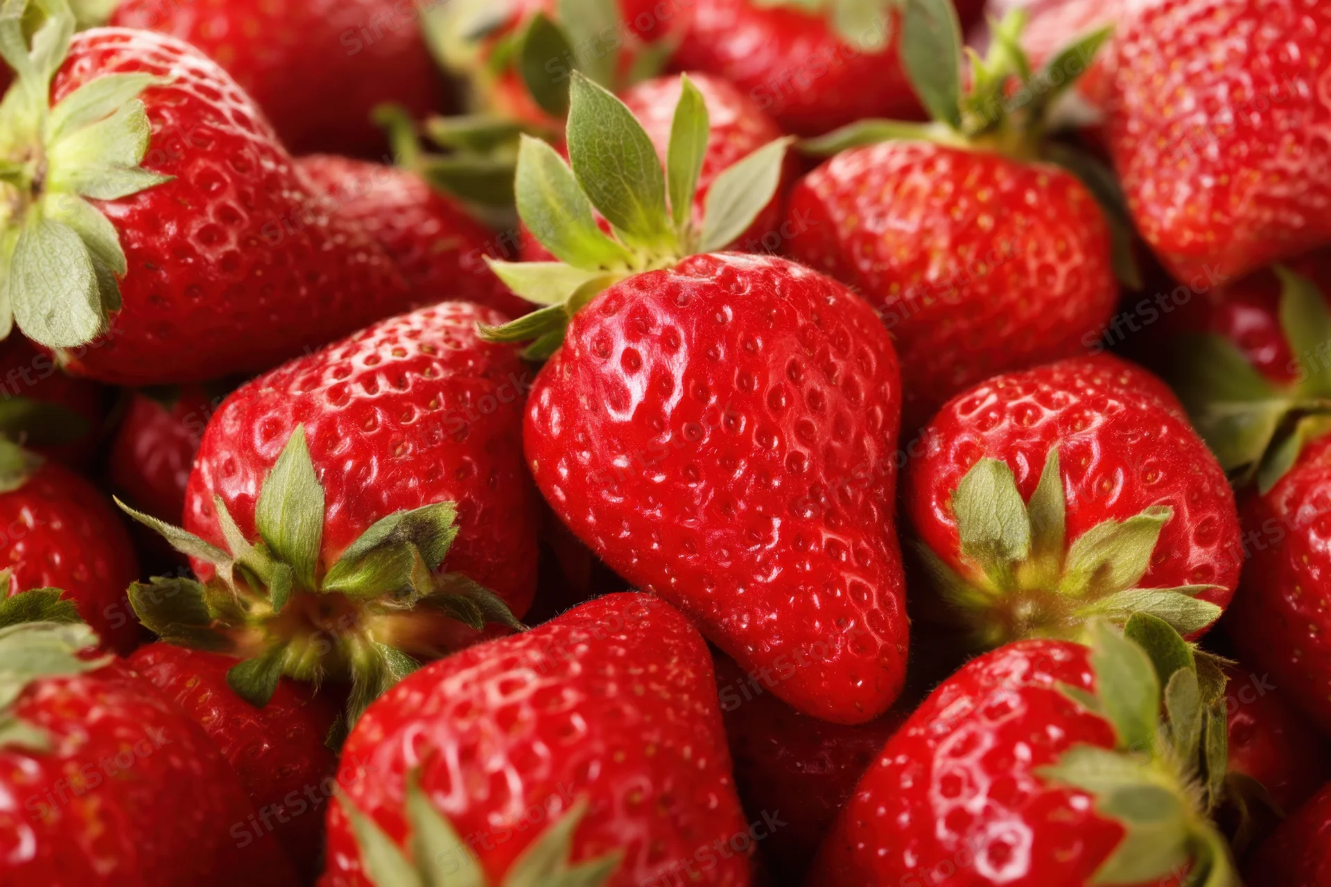 Fresh red strawberries piled together in a close-up view