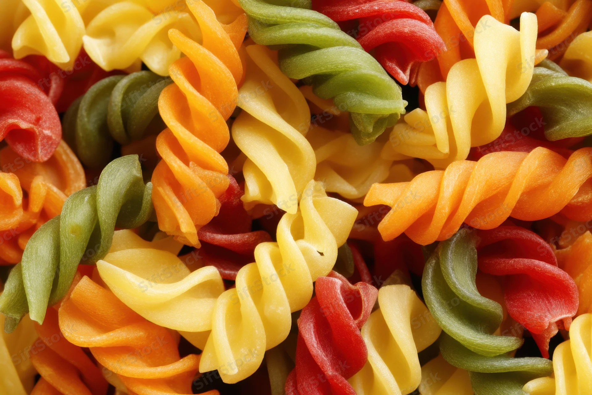 Uncooked multicolored rotini pasta arranged in a dense pile showcasing spiral shapes and vibrant hues