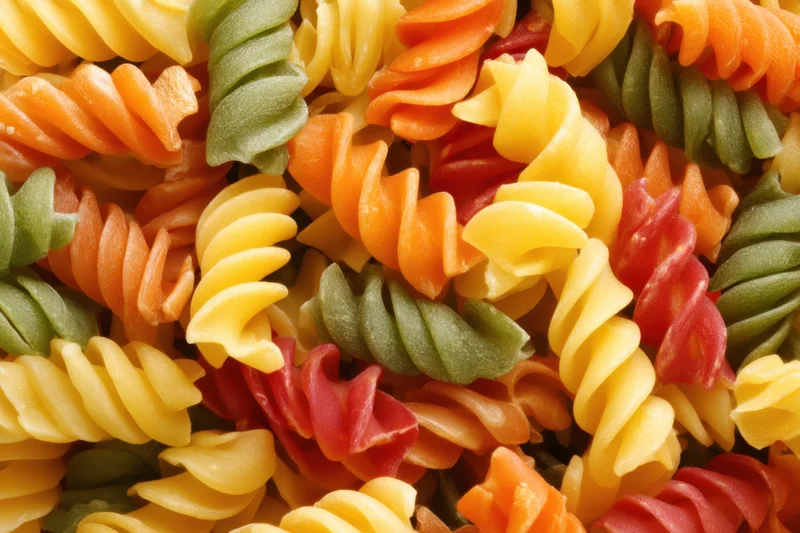 Multicolored rotini pasta arranged in a dense pile showing spiral shapes and vibrant hues