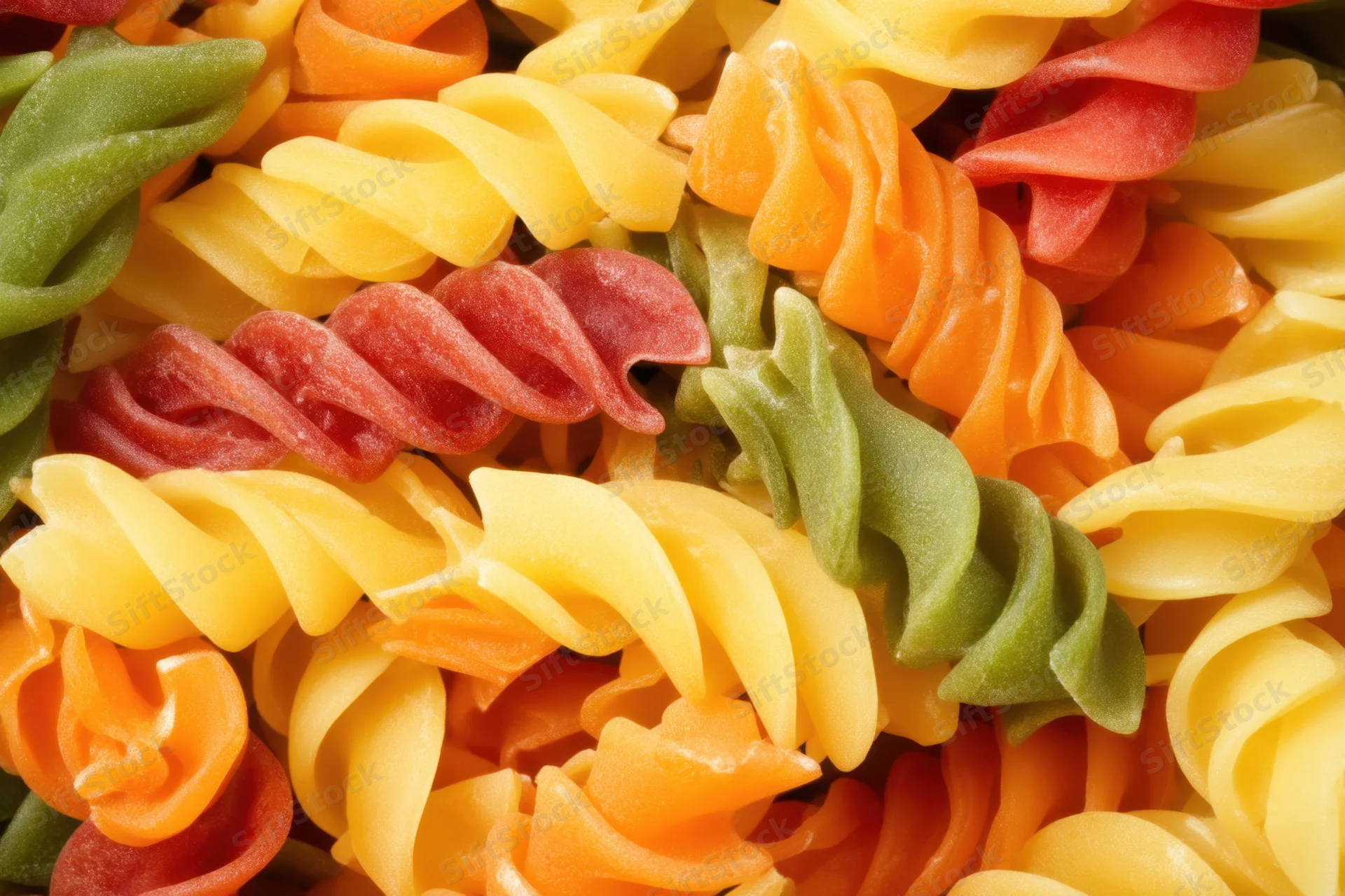Multicolored rotini pasta arranged in a dense pile showcasing spiral shapes and vibrant hues