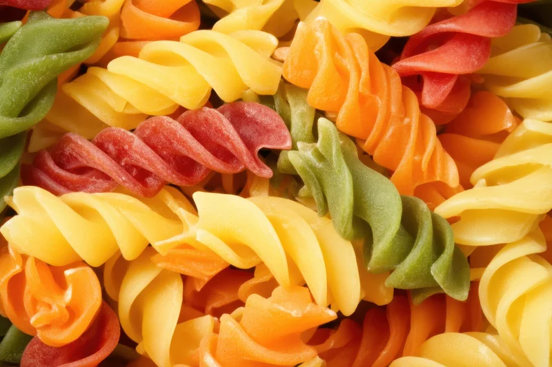 Multicolored rotini pasta arranged in a dense pile showcasing spiral shapes and vibrant hues
