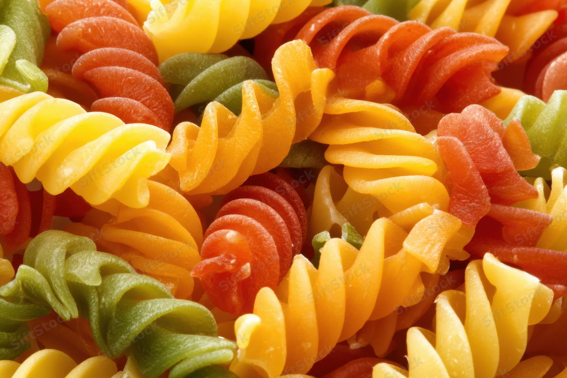 Multicolored rotini pasta arranged in a close-up pile showing spiral shapes and vibrant hues