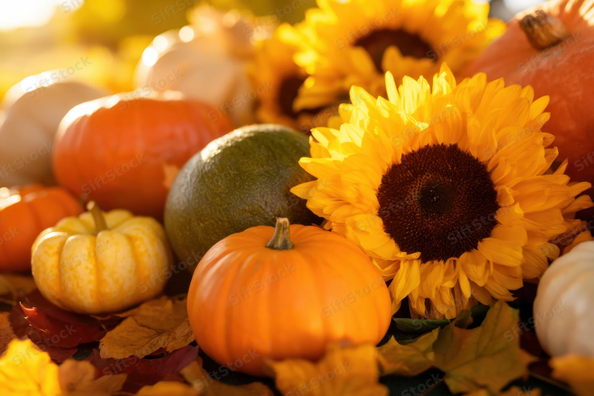 Sunflowers and pumpkins arranged with autumn leaves for seasonal decoration