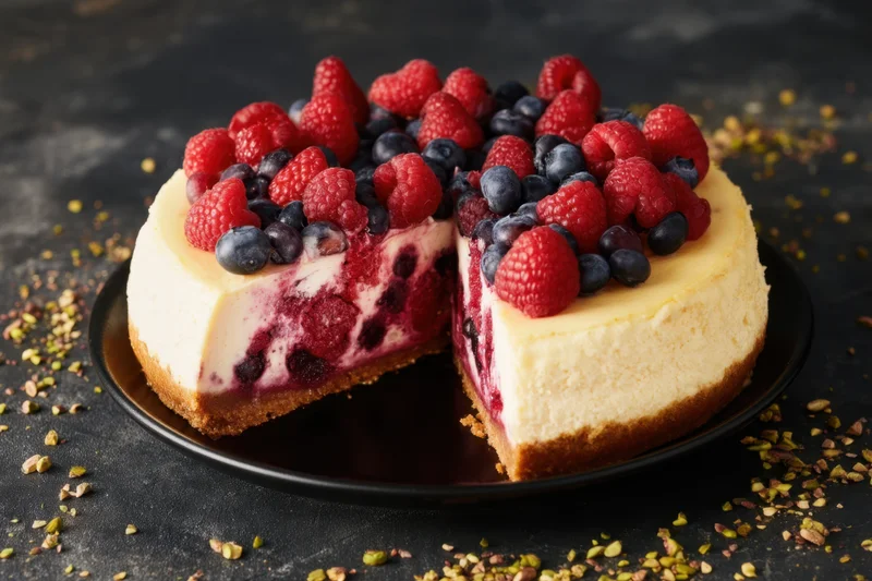 Sliced berry cheesecake with fresh raspberries and blueberries on top, served on a black plate with crushed pistachios scattered around