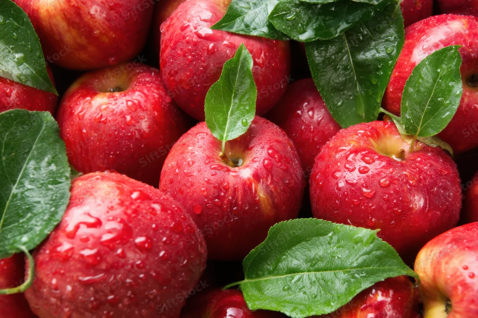 Freshly picked red apples glistening with water droplets among green leaves in a close-up cluster