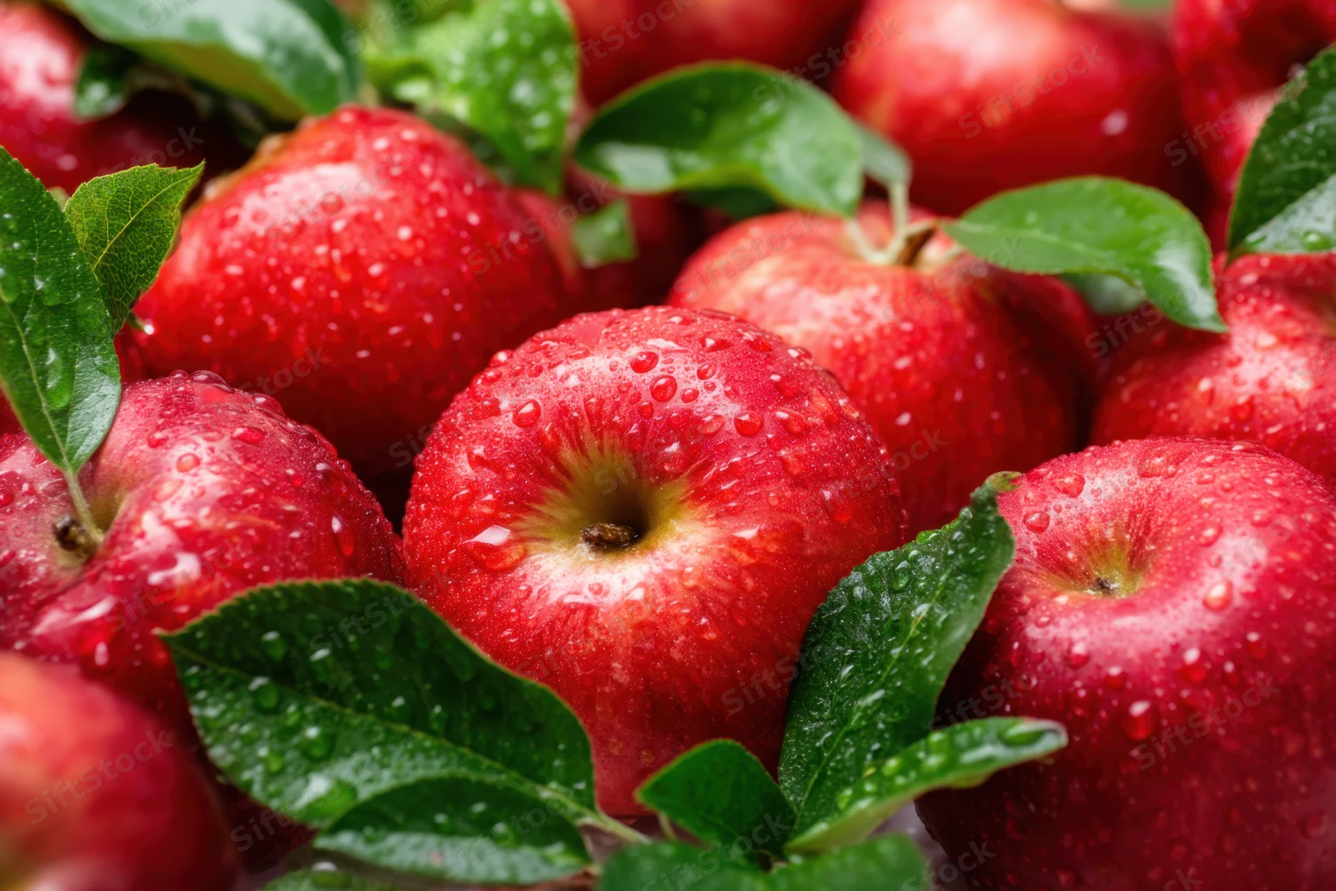 Freshly picked red apples glistening with water droplets among green leaves in a close-up view