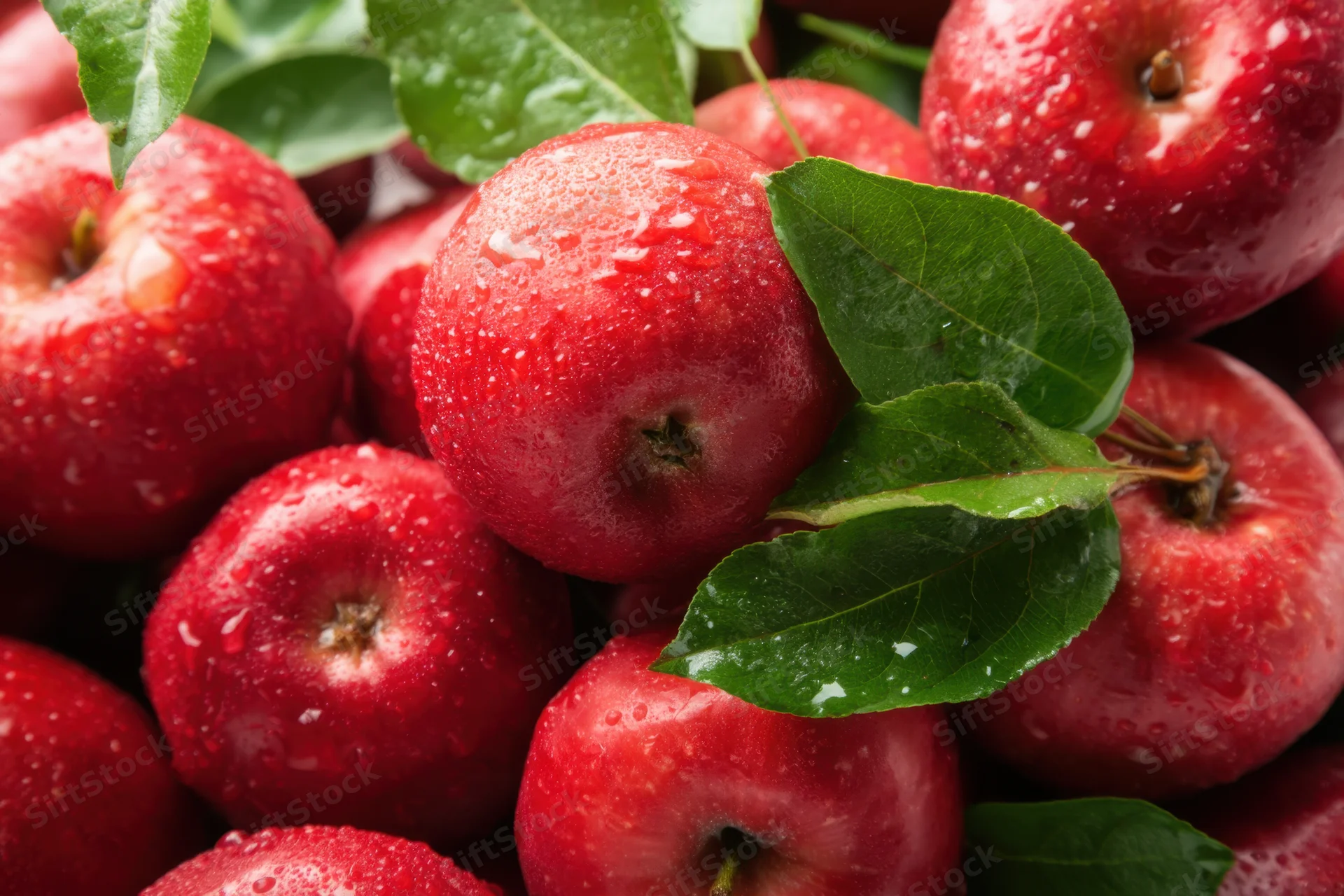 Freshly picked red apples glistening with water droplets and green leaves clustered together
