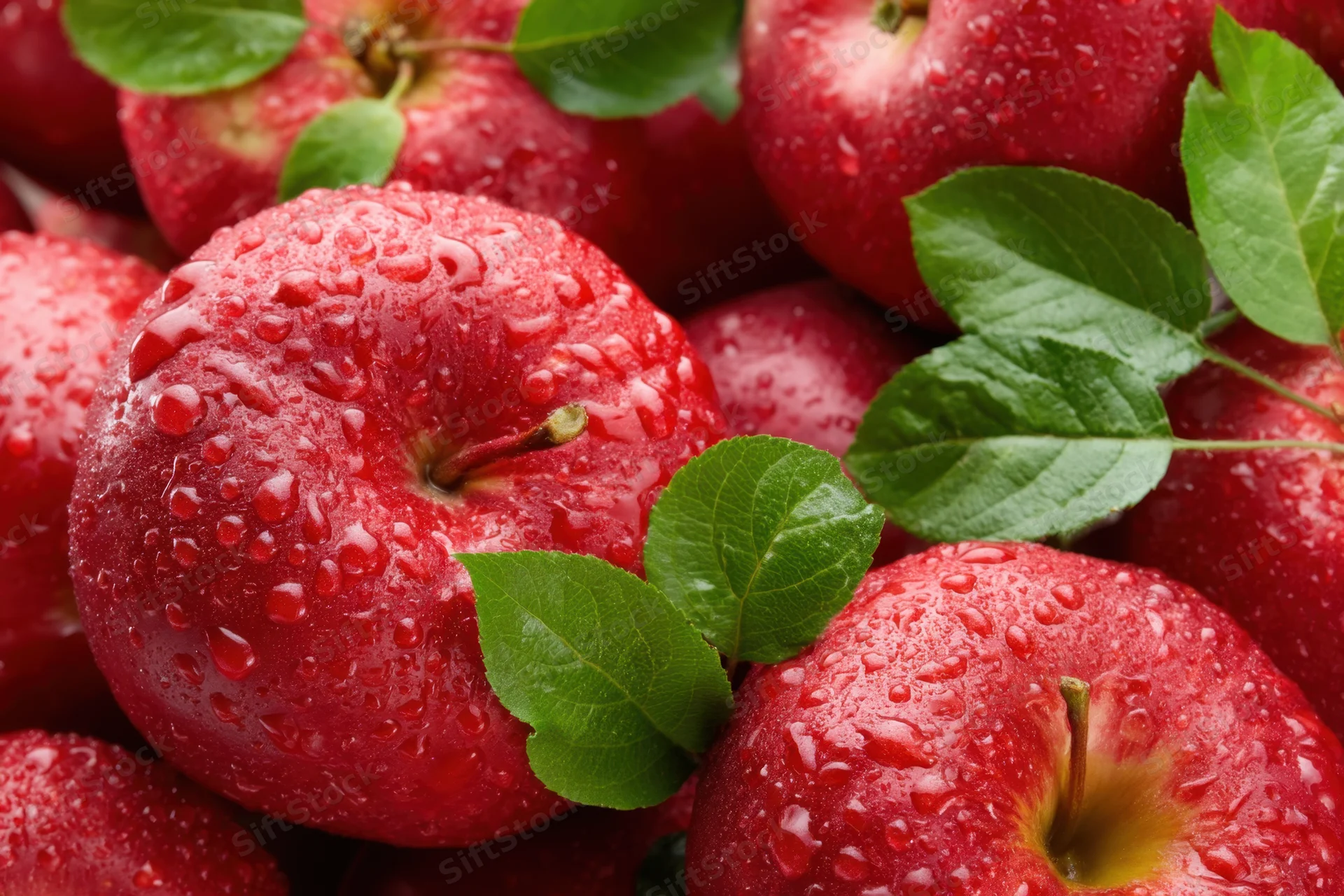 Freshly picked red apples glistening with water droplets and green leaves, piled together in a close-up view