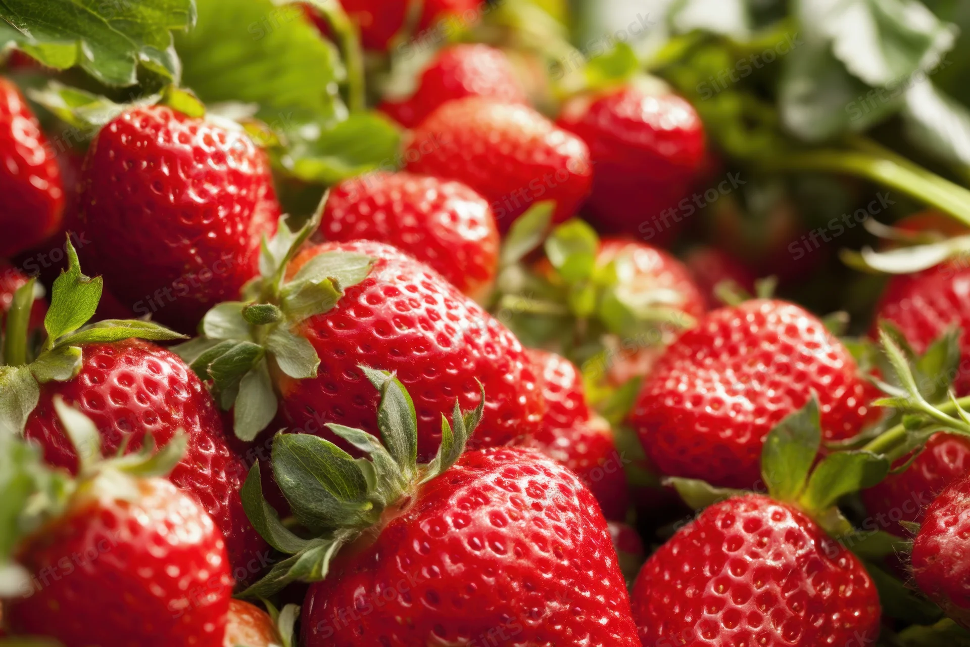Closeup of ripe red strawberries with green leaves in a garden harvest setting