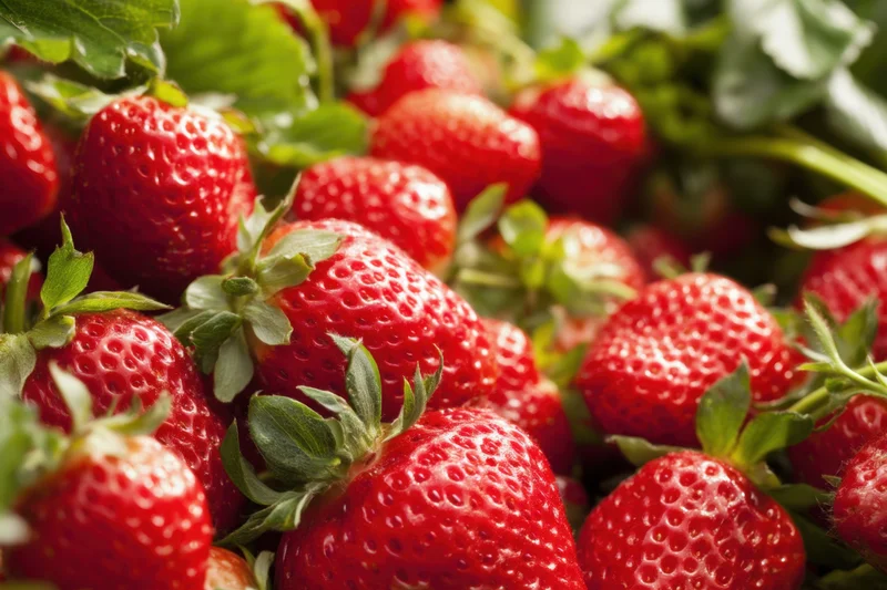 Closeup of ripe red strawberries with green leaves in a garden harvest setting