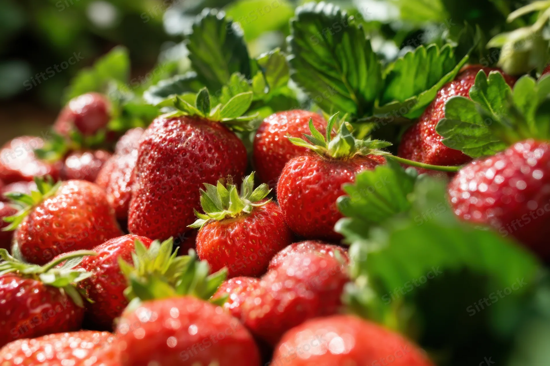Ripe strawberries with green leaves in a garden field