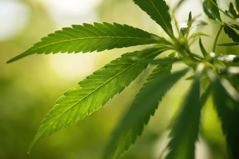 Cannabis leaf in natural light with blurred green background