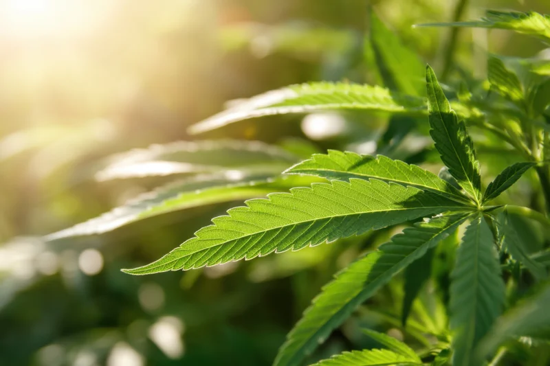 Cannabis leaf in natural sunlight outdoors with blurred green foliage background