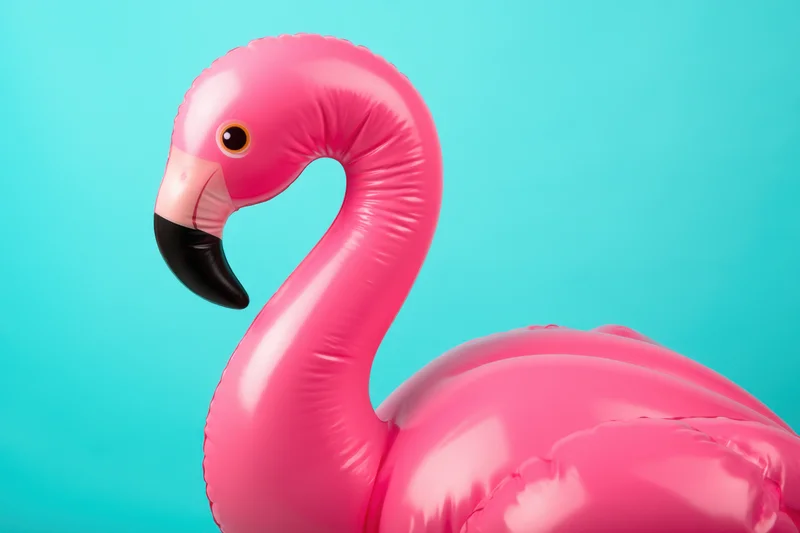 Inflatable pink flamingo float against turquoise background with copyspace