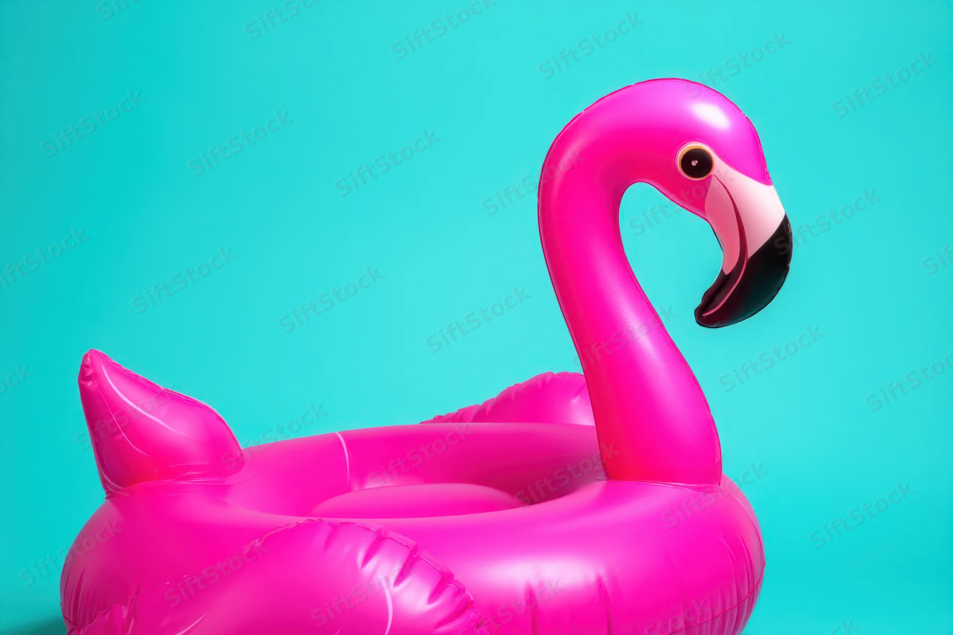 Inflatable pink flamingo float against turquoise background with copyspace