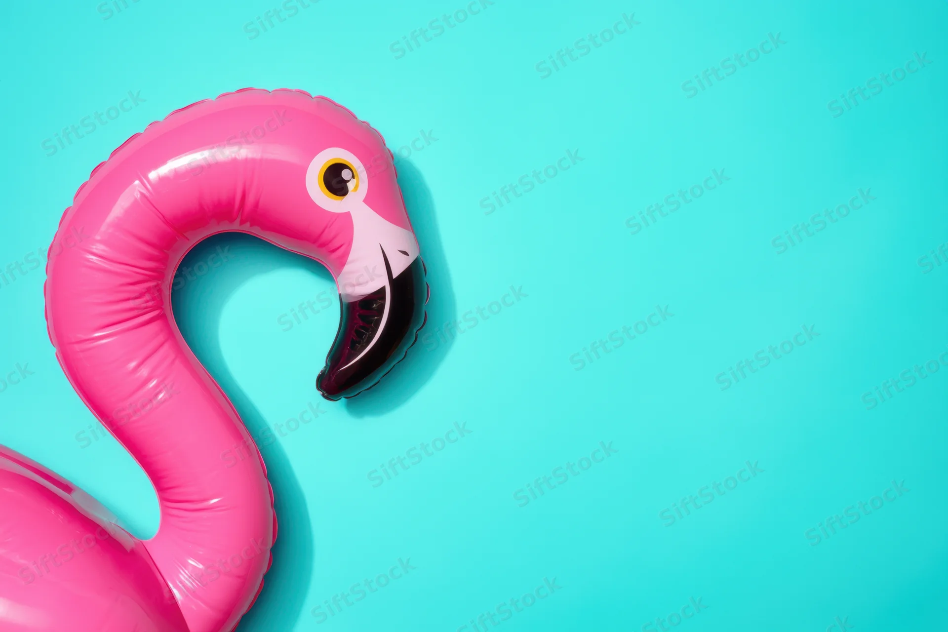 Inflatable pink flamingo float resting on a bright turquoise background with copyspace