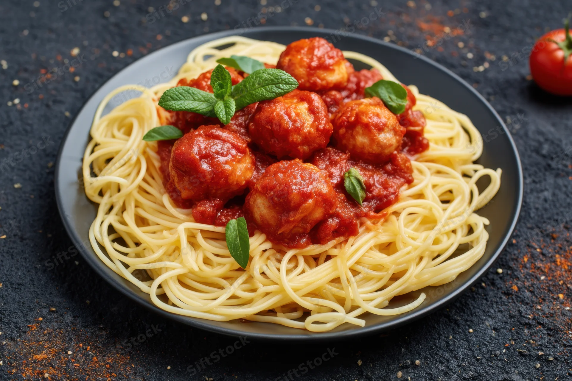 Spaghetti topped with meatballs in tomato sauce on a black plate with mint garnish on a dark textured surface