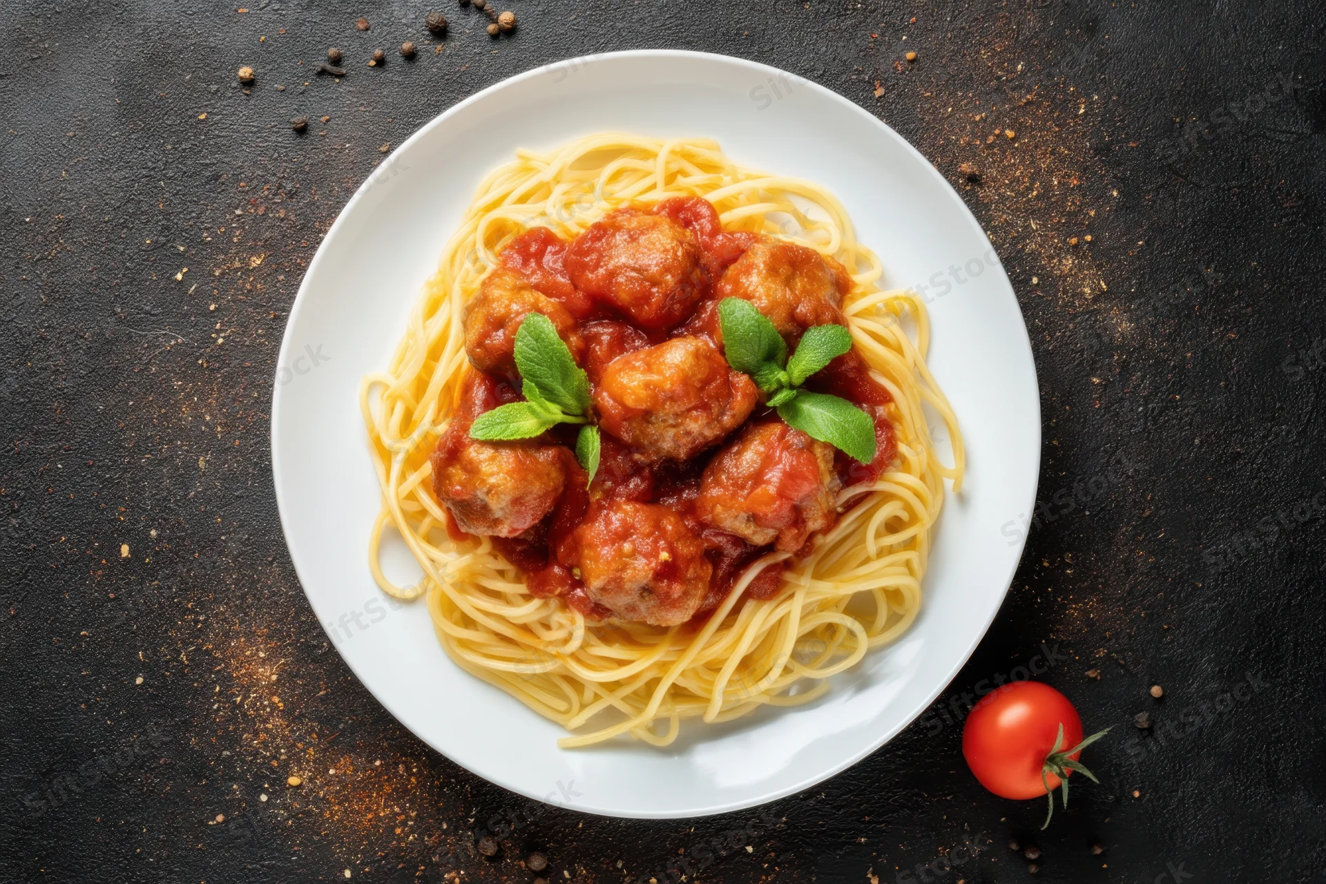 Spaghetti topped with meatballs in tomato sauce on a white plate with basil garnish on dark surface
