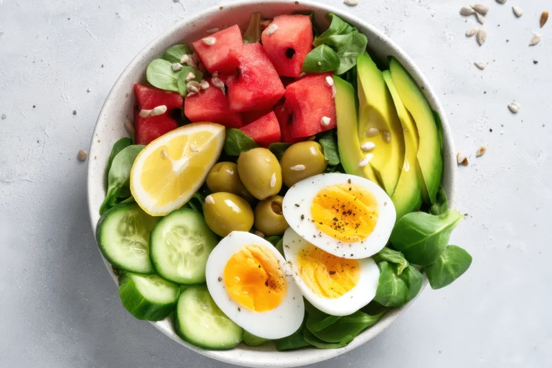 Salad bowl with avocado, watermelon, boiled eggs, cucumber, olives and lemon on white surface