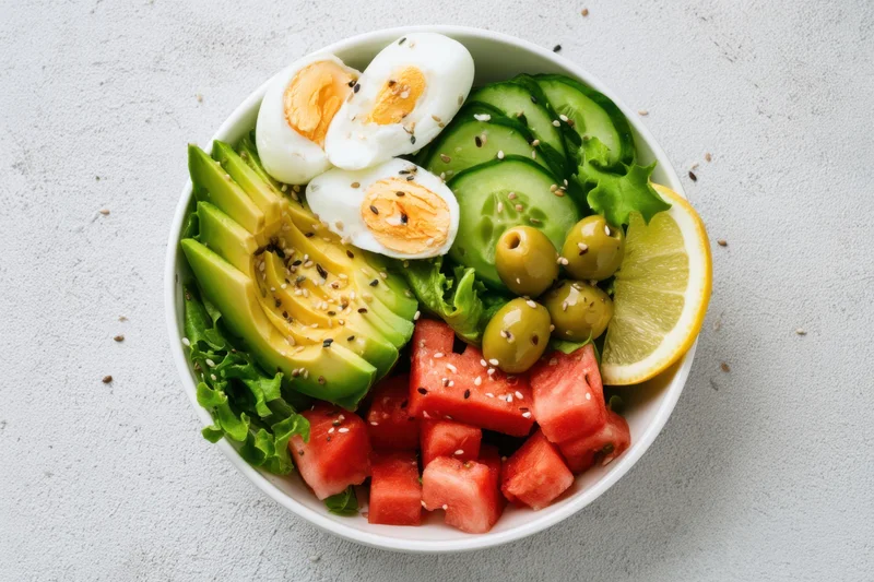 Salad bowl with avocado cucumber watermelon egg olives lemon and sesame seeds on white surface