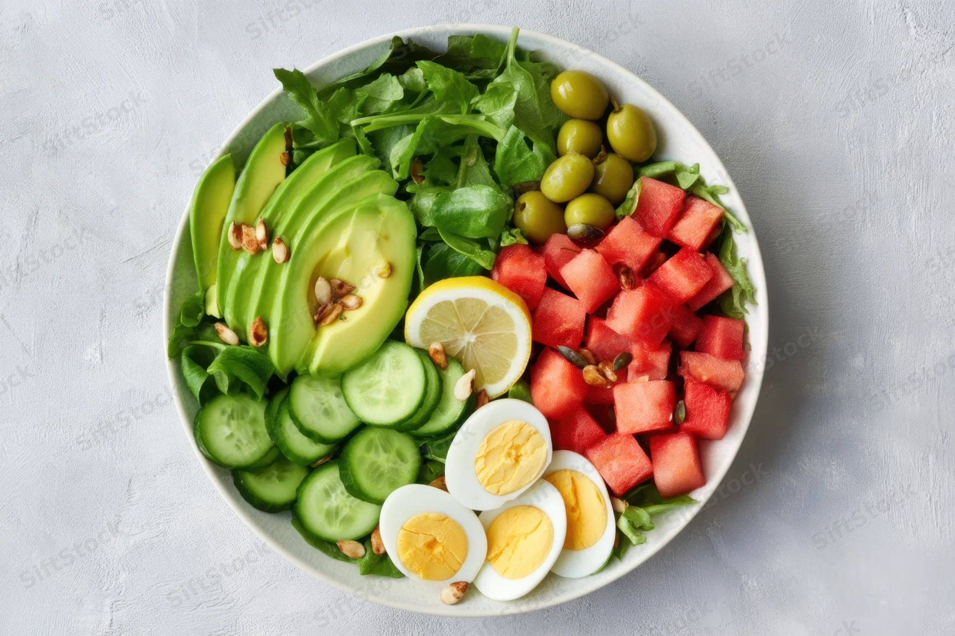 Salad bowl with avocado, watermelon, cucumber, hard-boiled eggs, lemon, olives, and greens arranged on white surface